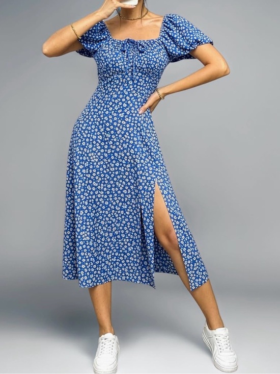 Unbranded Dresses & Skirts - Blue and White Floral Printed Puff Sleeve, Slit Maxi Dress Women’s Medium